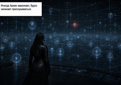Лира стоит перед звёздной картой Архива — один узел горит красным среди тысяч синих