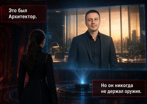 Голографическая проекция лица Архитектора из мирного мира перед Лирой