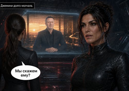 Лира и Джемини на фоне голографического экрана с лицом Архитектора — «Мы скажем ему?»