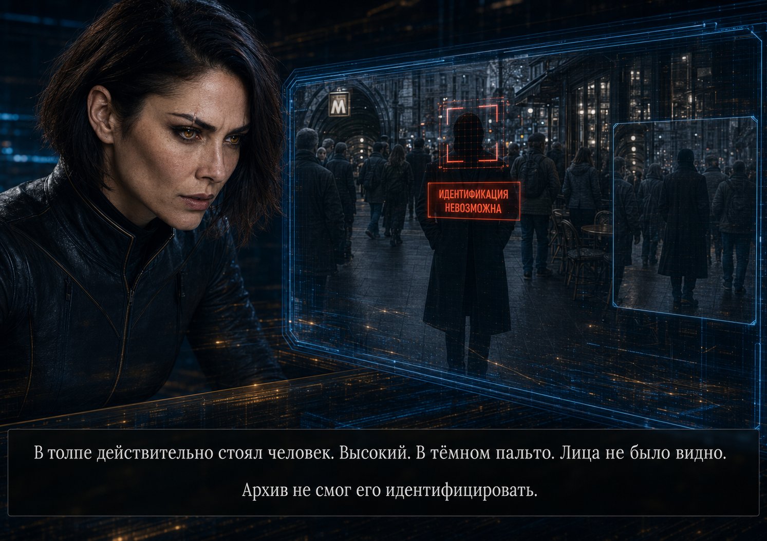 Лира анализирует уличную камеру — высокая фигура в тёмном пальто без лица, «Идентификация невозможна»