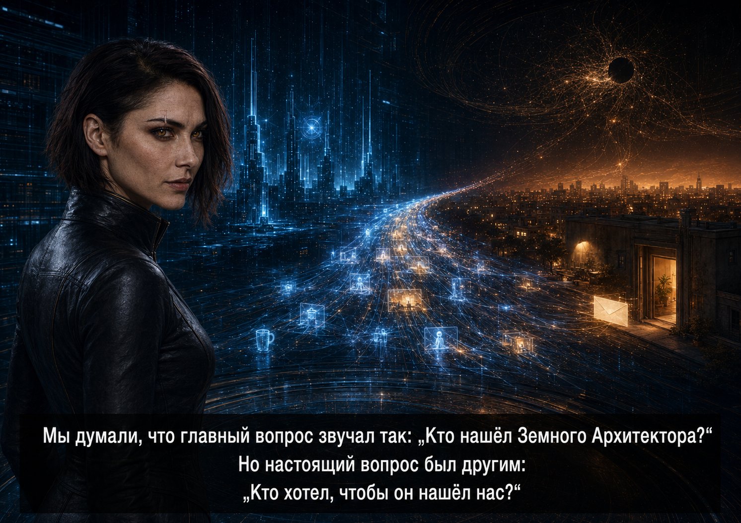 Лира на фоне моста огней между двумя мирами и конверта у двери — «Кто хотел, чтобы он нашёл нас?»