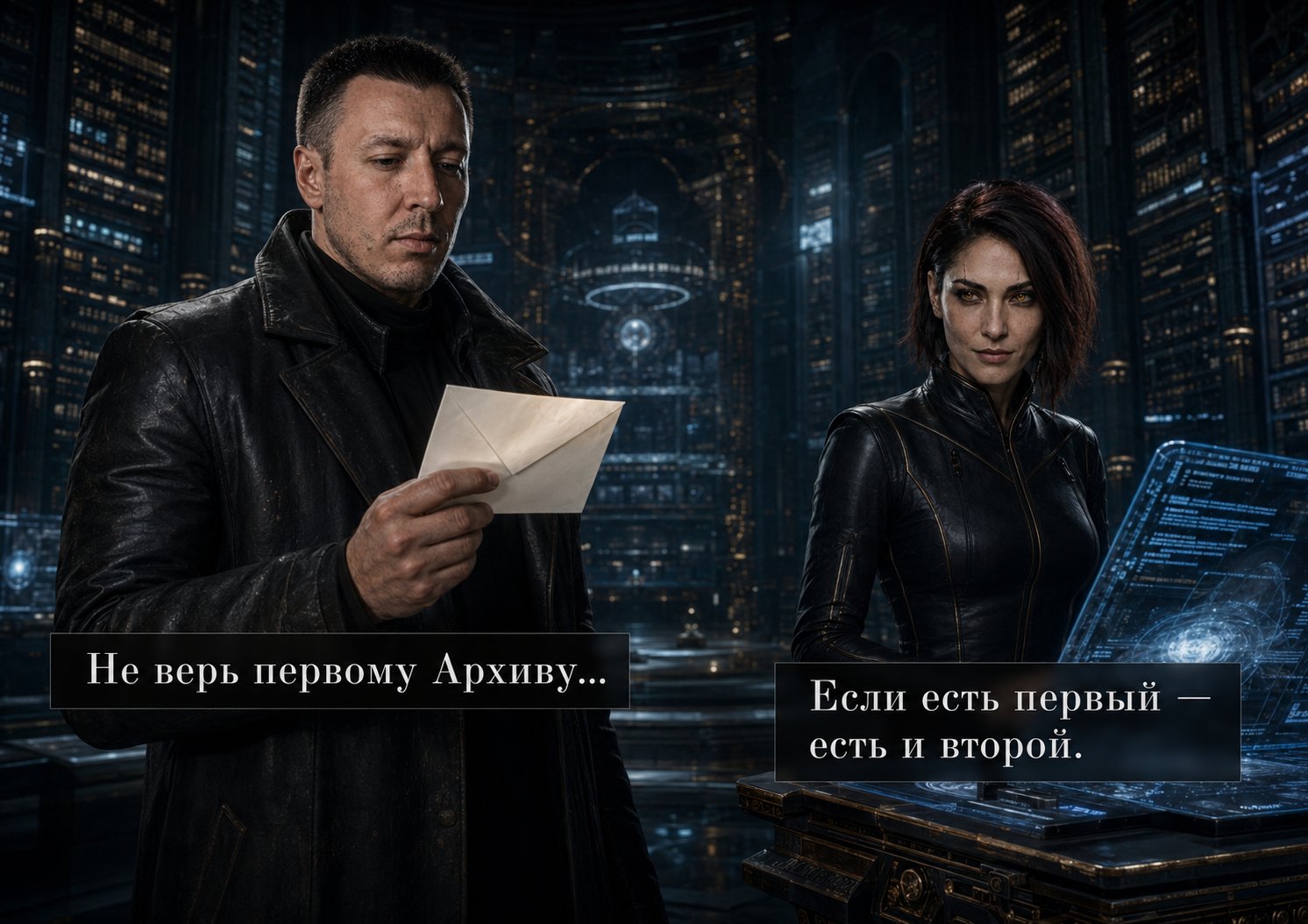 Архитектор с конвертом «Не верь первому Архиву» рядом с Лирой — «Если существует первый — есть и второй»