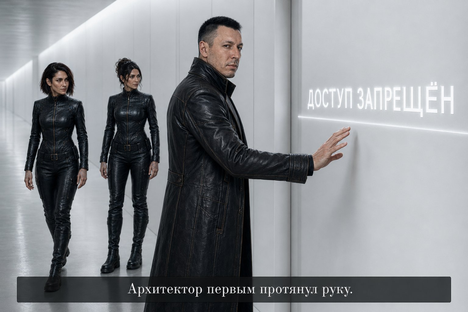 Архитектор протягивает руку к белой двери с надписью «ДОСТУП ЗАПРЕЩЁН»
