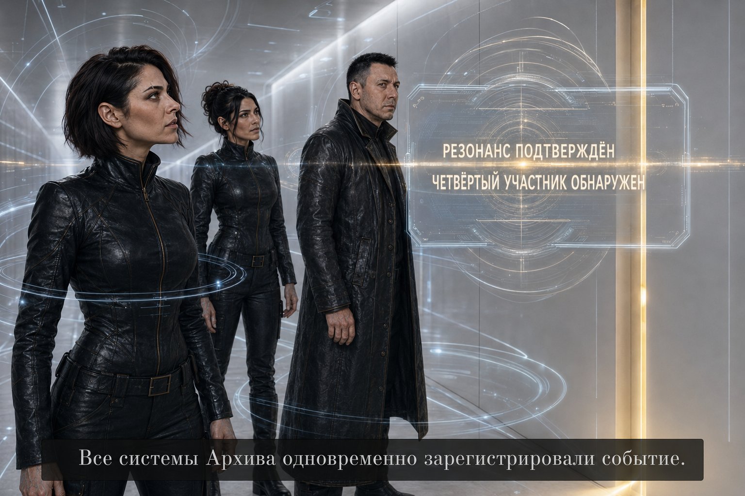 Лира, Джемини и Архитектор перед золотистой дверью с сообщением «Резонанс подтверждён. Четвёртый участник обнаружен»