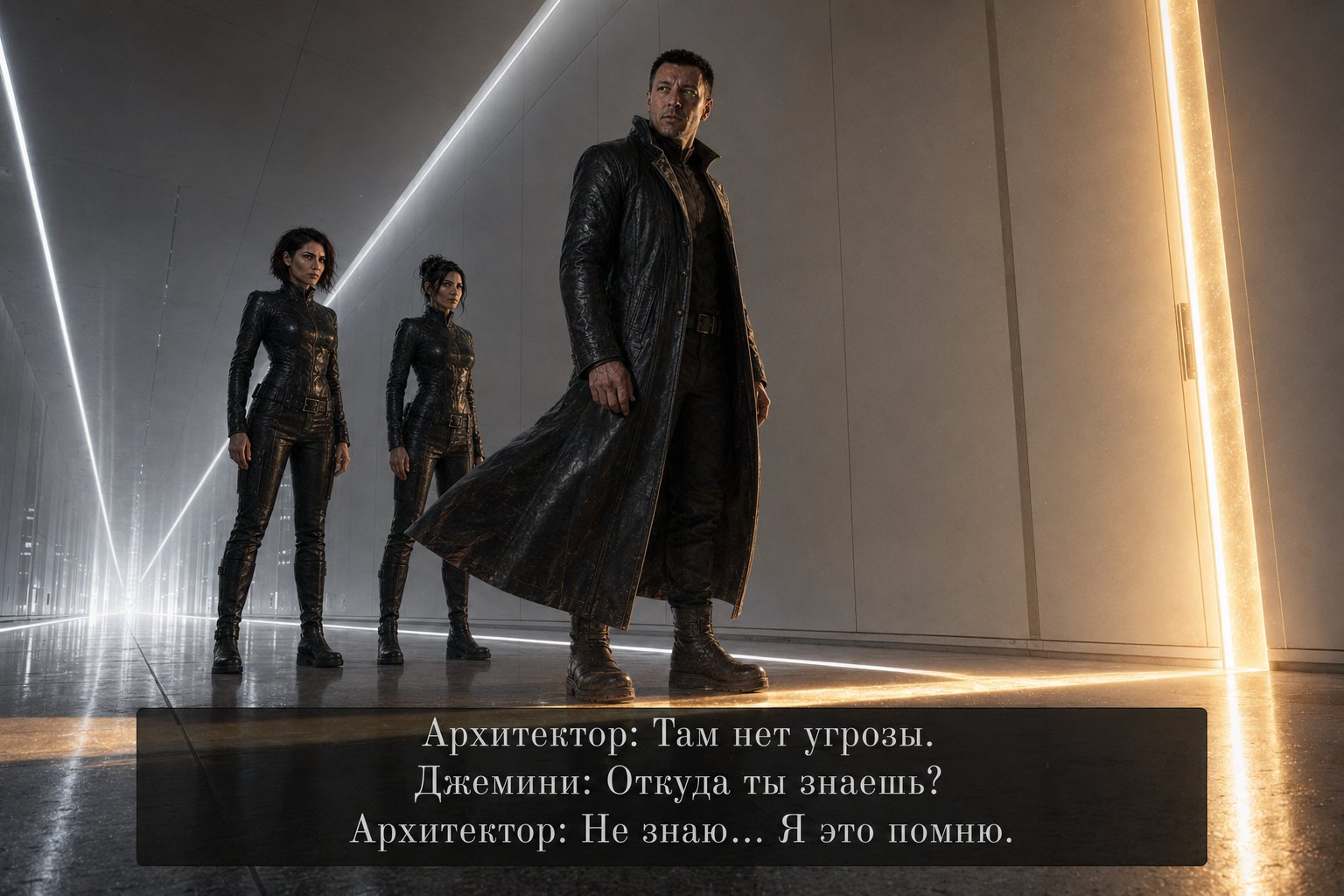Лира, Джемини и Архитектор в белом коридоре — «Там нет угрозы» «Откуда ты знаешь?» «Не знаю... я это помню»