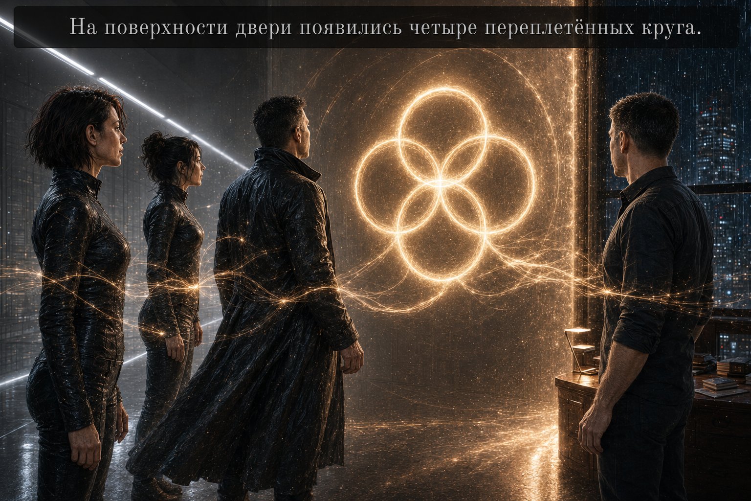 Четыре переплетённых светящихся окружности на двери — три сияют, четвёртая ещё пустая