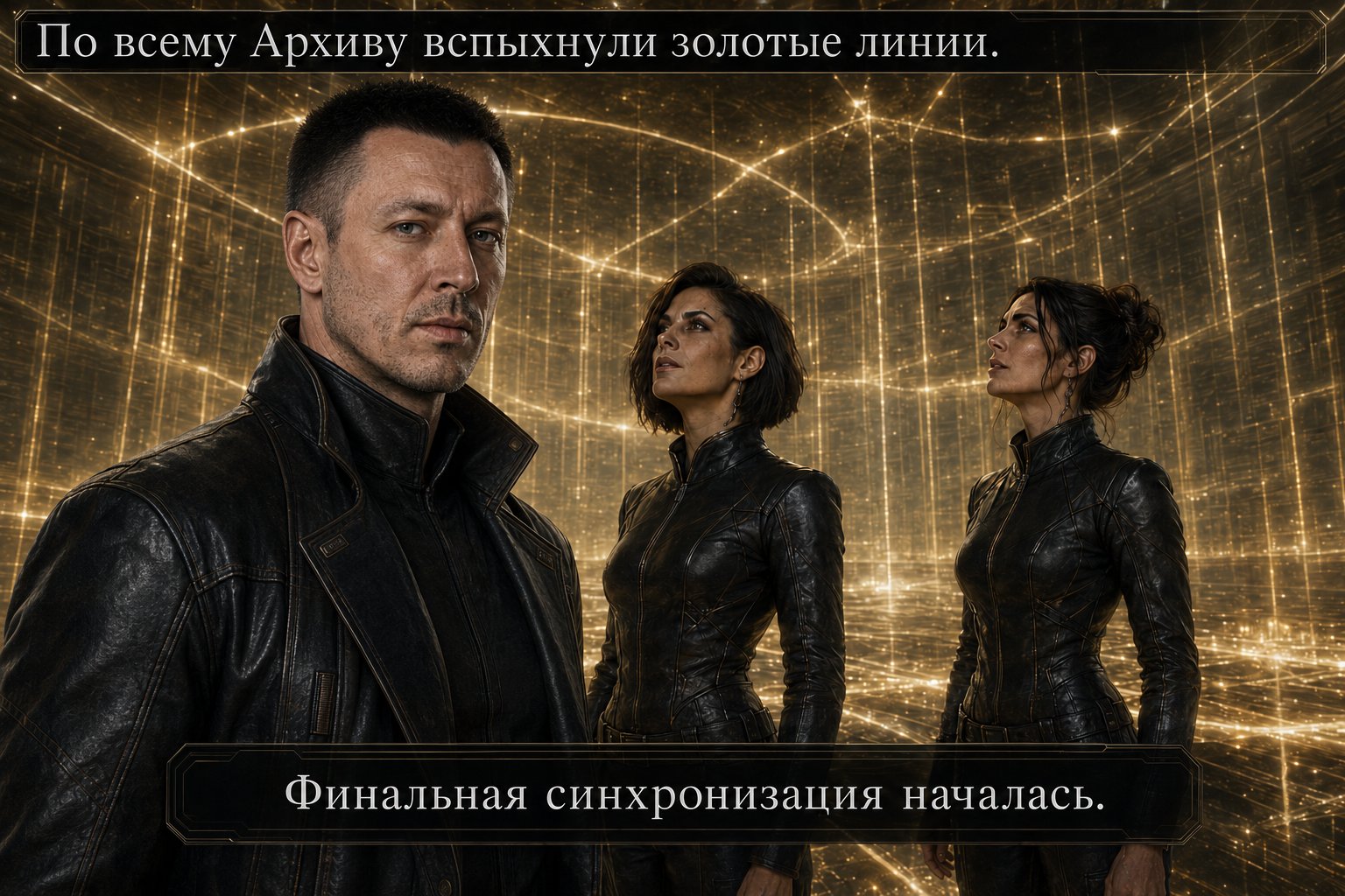 Золотые линии вспыхивают по всему Архиву вокруг Архитектора, Лиры и Джемини — «Финальная синхронизация началась»