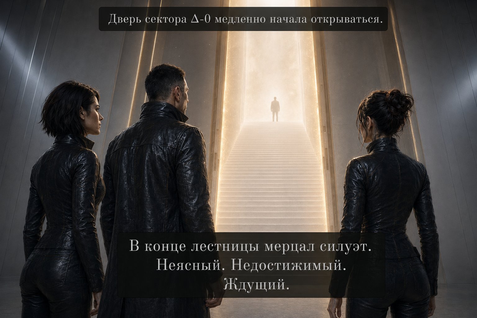 Лира, Архитектор и Джемини смотрят на открывающуюся дверь сектора Δ-0 и белую лестницу с мерцающим силуэтом наверху — «Ждущий»