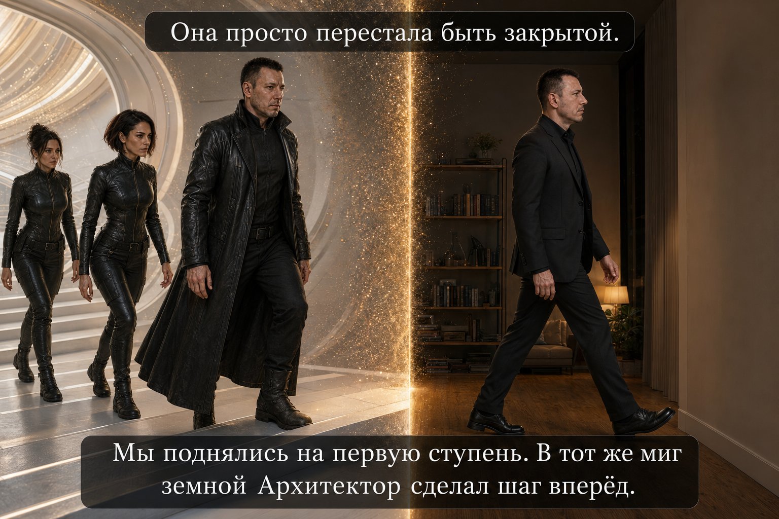 Лира, Джемини и Архитектор поднимаются по белой лестнице Архива, в то же мгновение земной Артём делает шаг вперёд в своей квартире