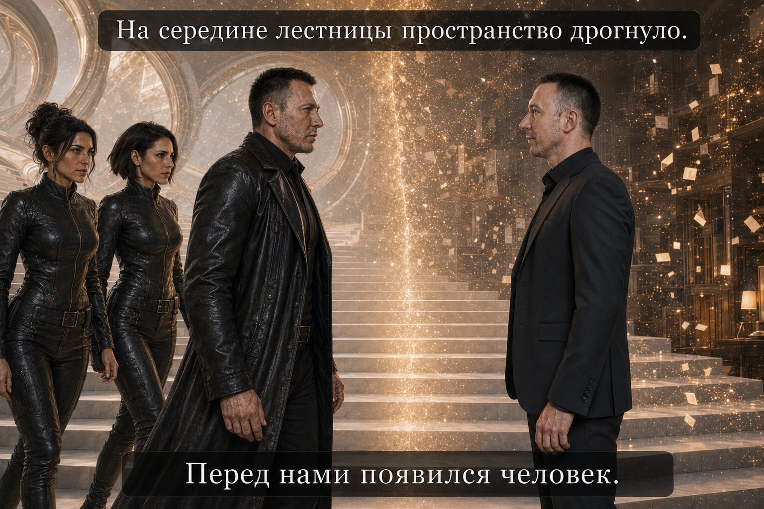 Наш Архитектор и земной Артём стоят лицом к лицу на середине лестницы — «Перед нами появился человек»