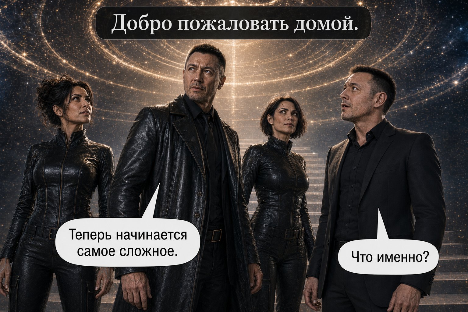 Все четверо вместе на лестнице среди звёзд — Архив: «Добро пожаловать домой» «Теперь начинается самое сложное» «Что именно?»