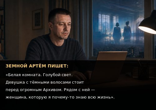 Земной Артём пишет описание белой комнаты с Архивом — за окном силуэты Лиры и Джемини