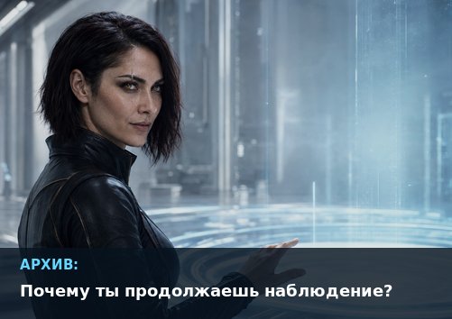 Лира перед голографической панелью Архива с вопросом «Почему ты продолжаешь наблюдение?»
