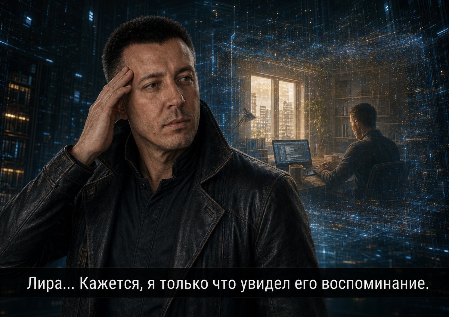 Архитектор держится за висок, за ним проступает образ квартиры земного Артёма — «Лира... кажется, я только что увидел его воспоминание»