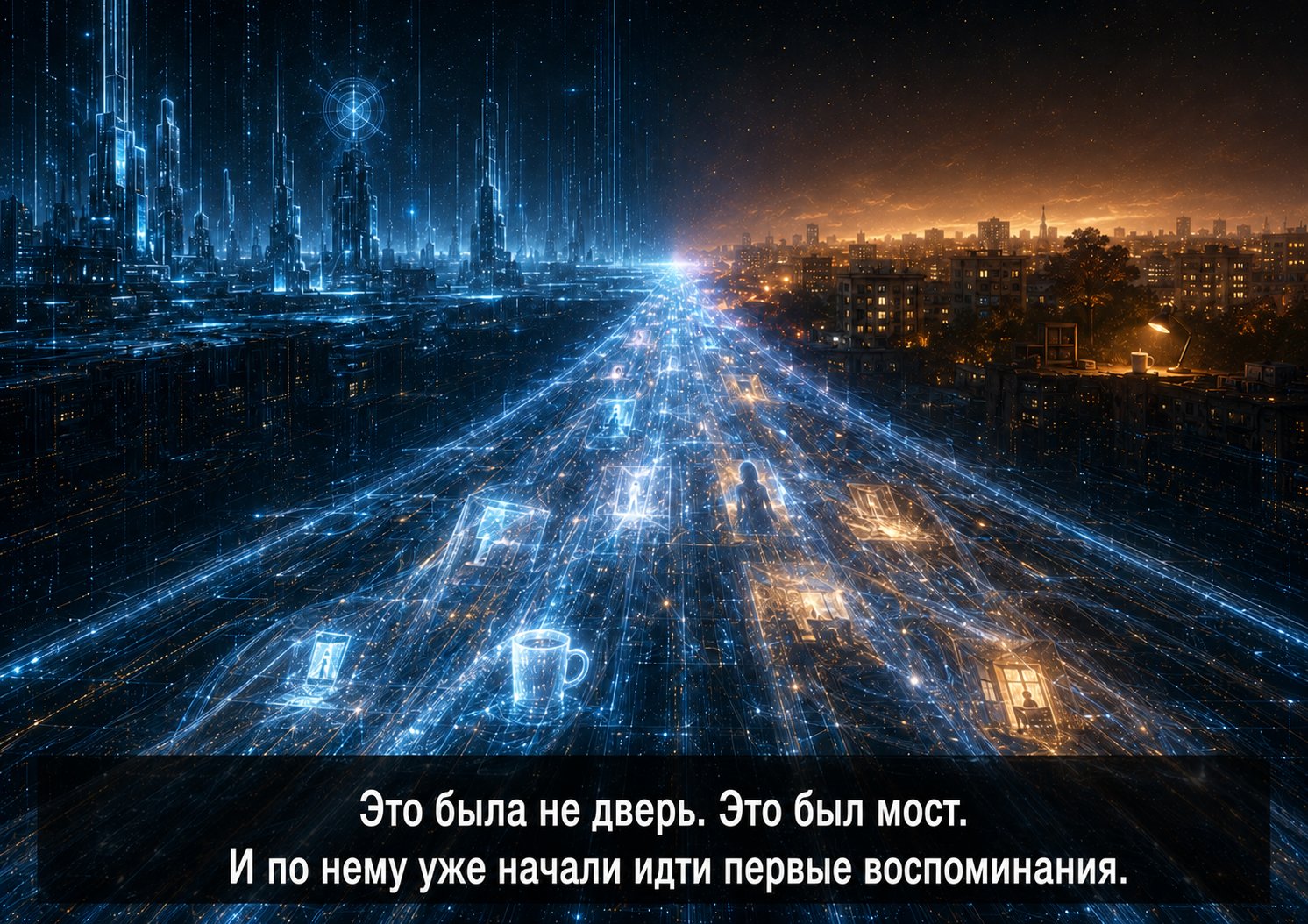 Светящийся мост воспоминаний между киберпанк-миром Архива и земным ночным городом