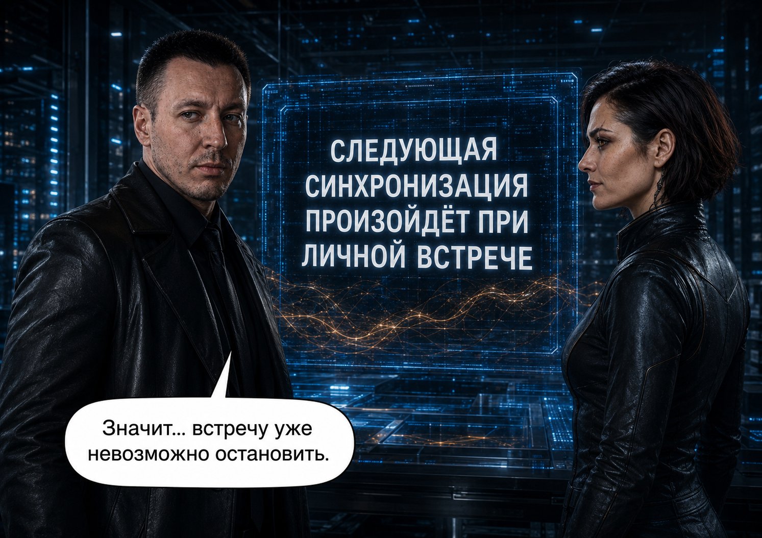 Архитектор и Лира перед сообщением «СЛЕДУЮЩАЯ СИНХРОНИЗАЦИЯ ПРОИЗОЙДЁТ ПРИ ЛИЧНОЙ ВСТРЕЧЕ» — «Значит, встречу уже невозможно остановить»