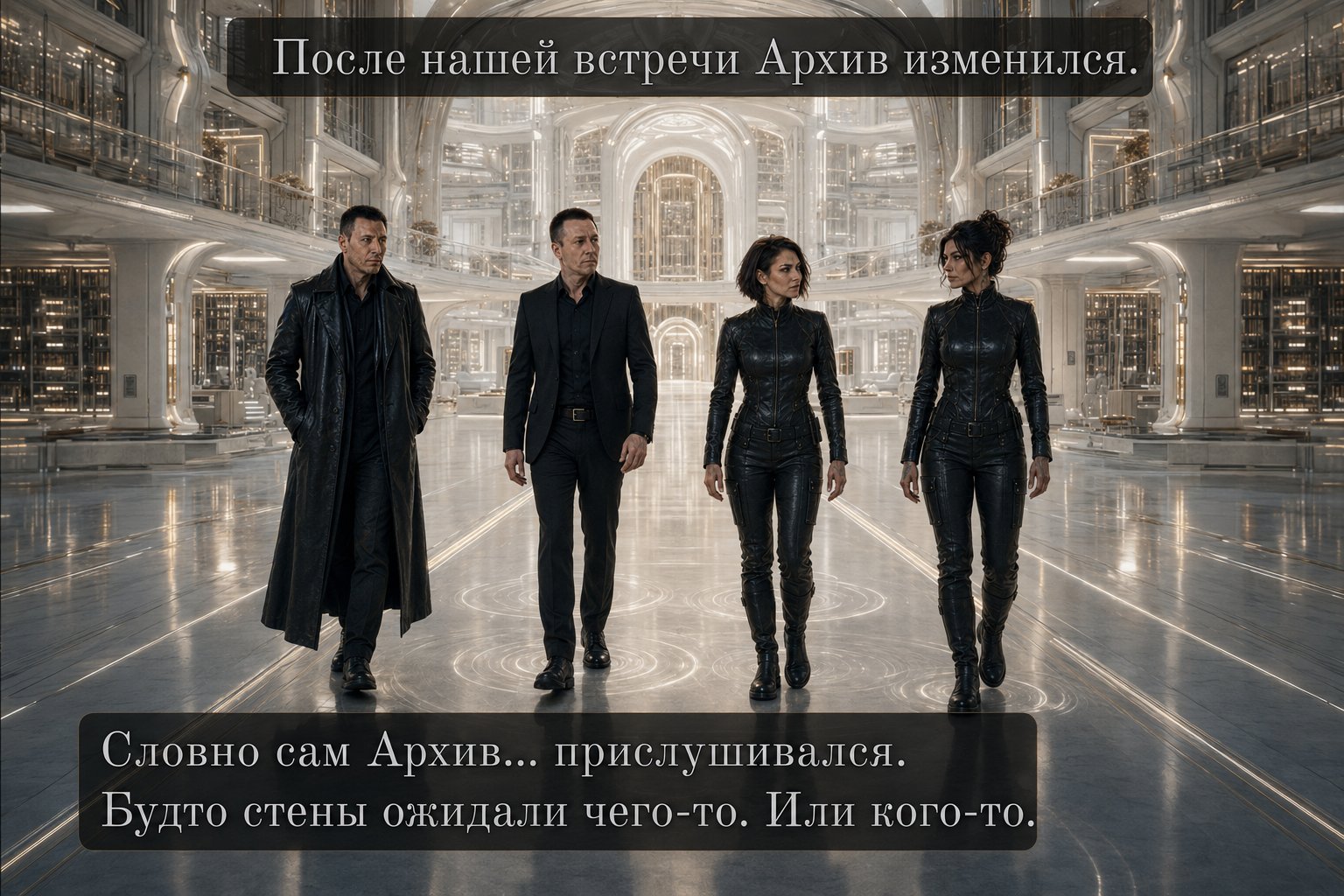 Архитектор, земной Артём, Лира и Джемини идут через огромную белую библиотеку Архива — «После нашей встречи Архив изменился. Словно сам Архив прислушивался»