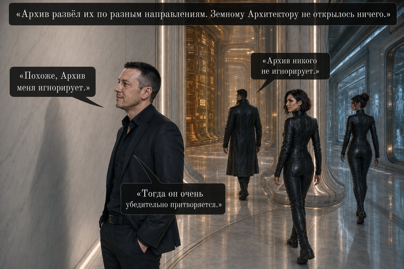 Земной Артём один перед пустой белой стеной — «Похоже, Архив меня игнорирует» «Архив никого не игнорирует» «Тогда он очень убедительно притворяется»