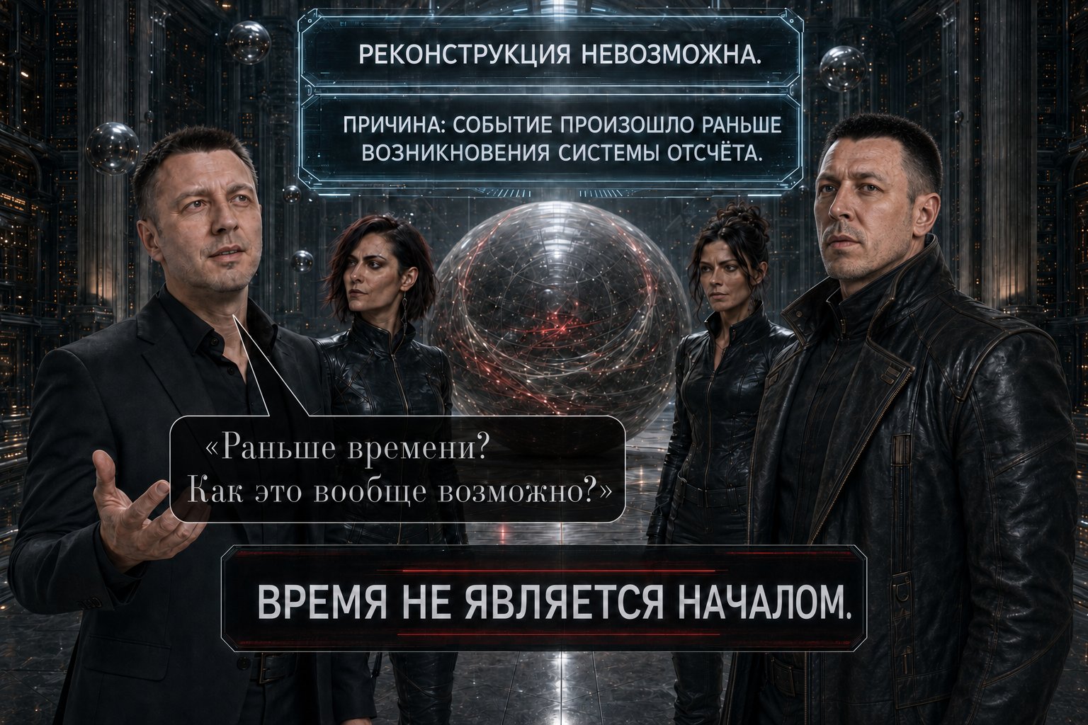 Земной Артём и все четверо перед сферой с текстом «Реконструкция невозможна. Событие произошло раньше возникновения системы отсчёта» — «Раньше времени? Как это вообще возможно?» «Время не является началом»