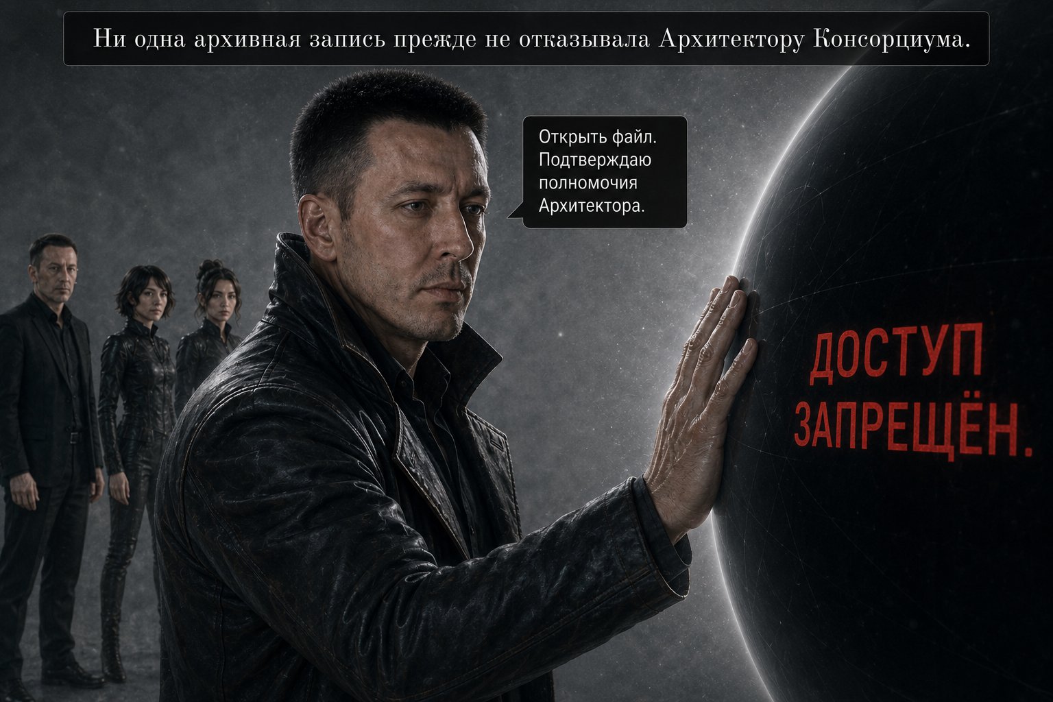 Архитектор кладёт ладонь на чёрную сферу с надписью «ДОСТУП ЗАПРЕЩЁН» — «Ни одна архивная запись прежде не отказывала Архитектору Консорциума»