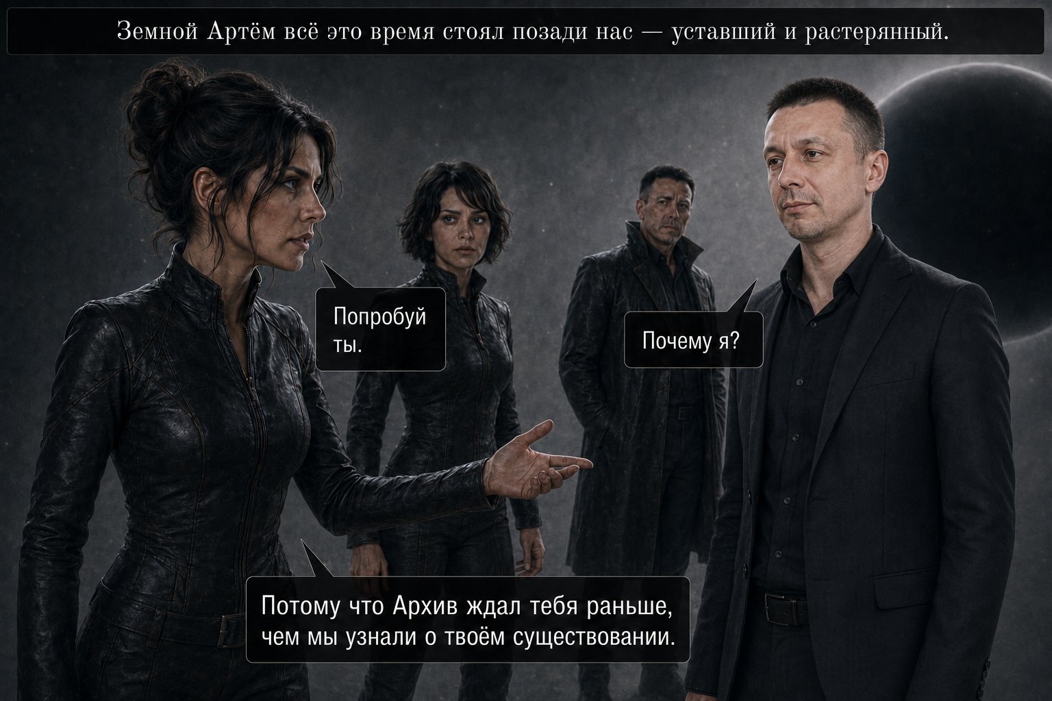 Джемини протягивает руку к земному Артёму — «Попробуй ты» «Почему я?» «Потому что Архив ждал тебя раньше, чем мы узнали о твоём существовании»