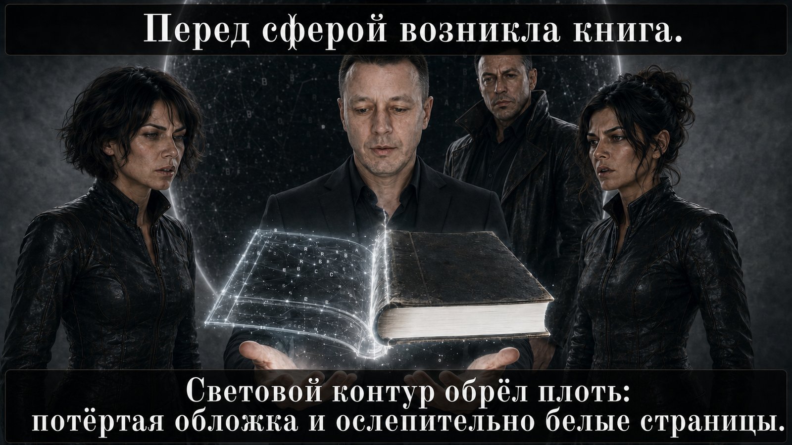 Перед сферой материализуется книга — световой контур обретает плотную обложку и белые страницы в руках земного Артёма
