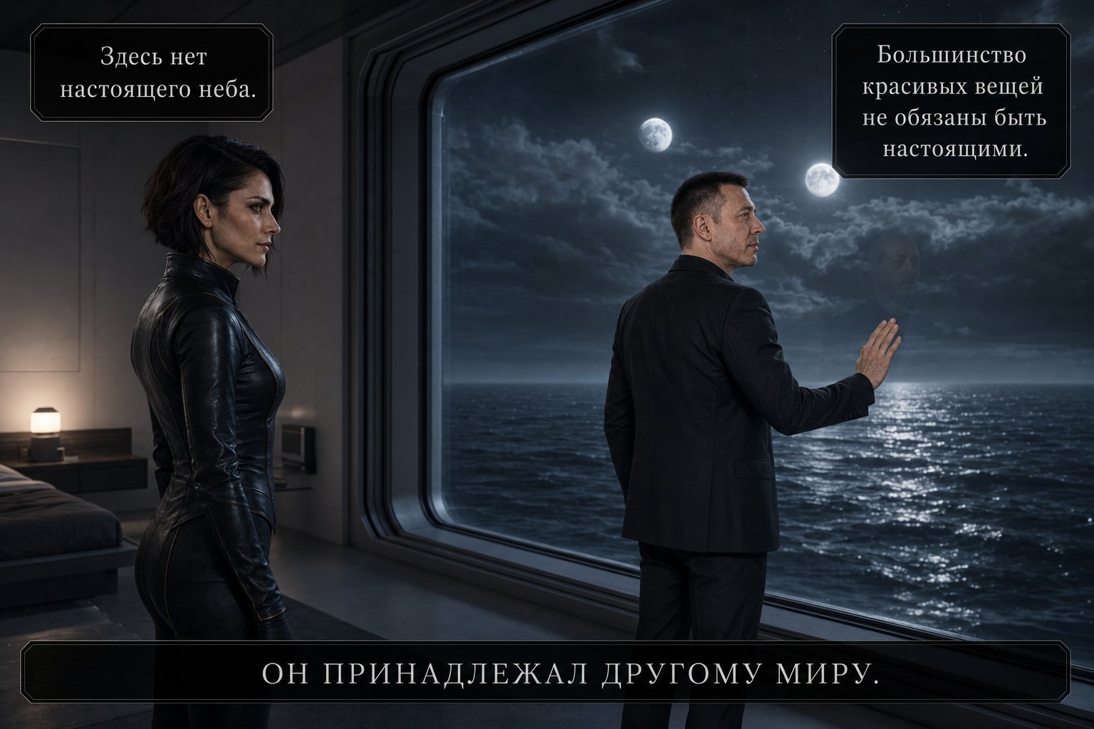 Земной Артём кладёт ладонь на окно с видом на искусственный ночной океан и две луны, рядом Лира — «Здесь нет настоящего неба» «Большинство красивых вещей не обязаны быть настоящими»
