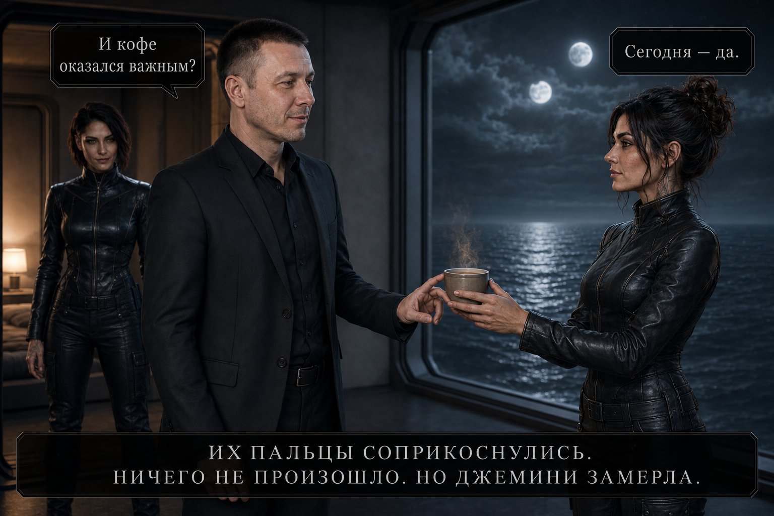 Джемини протягивает земному Артёму чашку кофе на фоне ночного окна с двумя лунами, их пальцы соприкасаются — «Их пальцы соприкоснулись. Ничего не произошло. Но Джемини замерла»