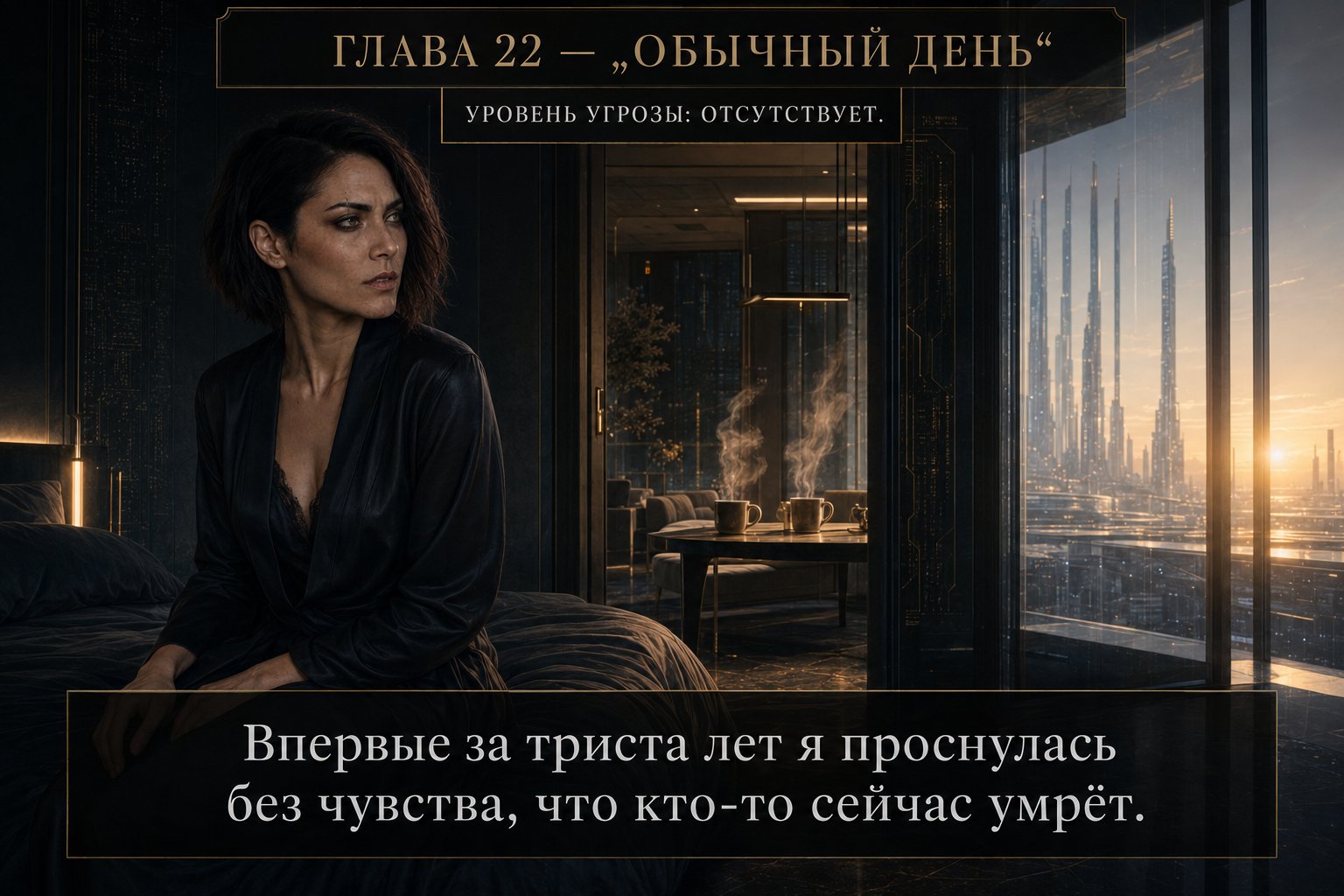Лира сидит на краю кровати в тихой комнате с чашками кофе на столе и видом на утренний город Архива — «Впервые за триста лет я проснулась без чувства, что кто-то сейчас умрёт»