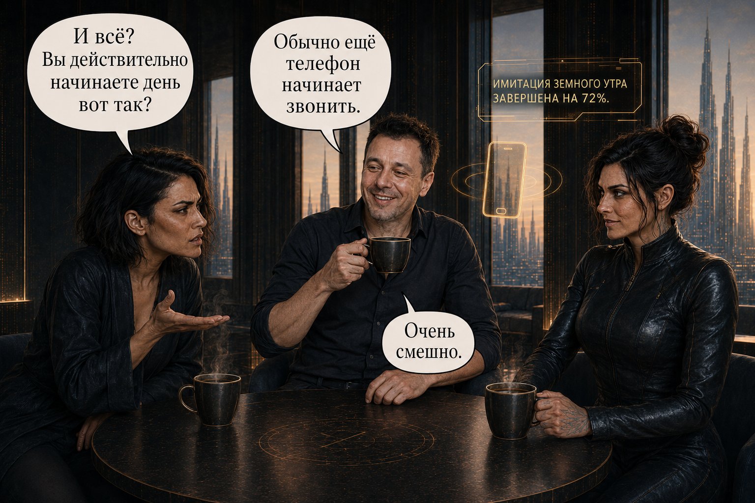 Земной Артём смеётся за столом с кофе, рядом парит голографический телефон и надпись «Имитация земного утра завершена на 72%»