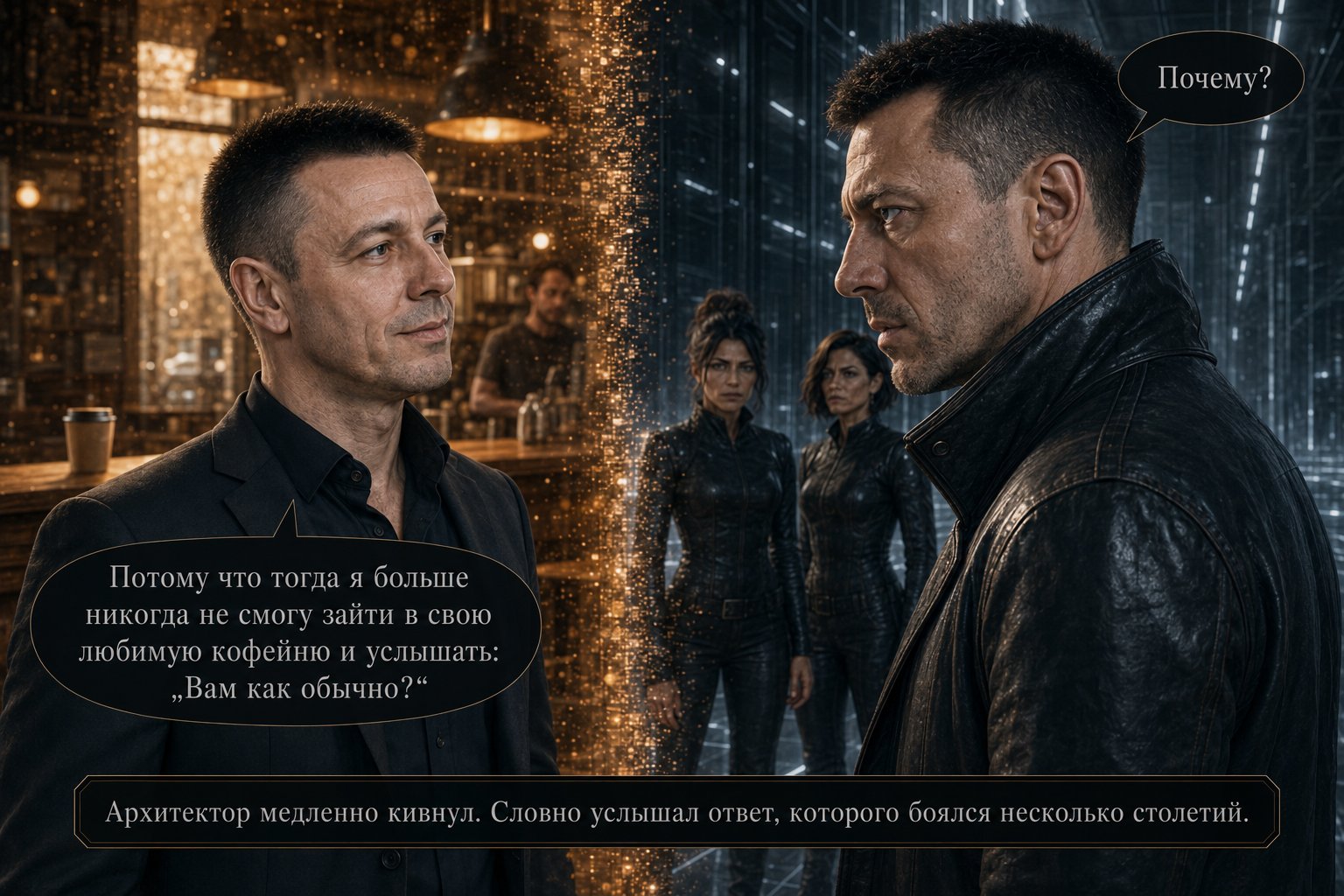 Земной Артём и Архитектор лицом к лицу в разделённой композиции кофейня/Архив — «Потому что тогда я больше никогда не смогу зайти в свою любимую кофейню и услышать: «Вам как обычно?»» «Архитектор медленно кивнул, словно услышал ответ, которого боялся несколько столетий»