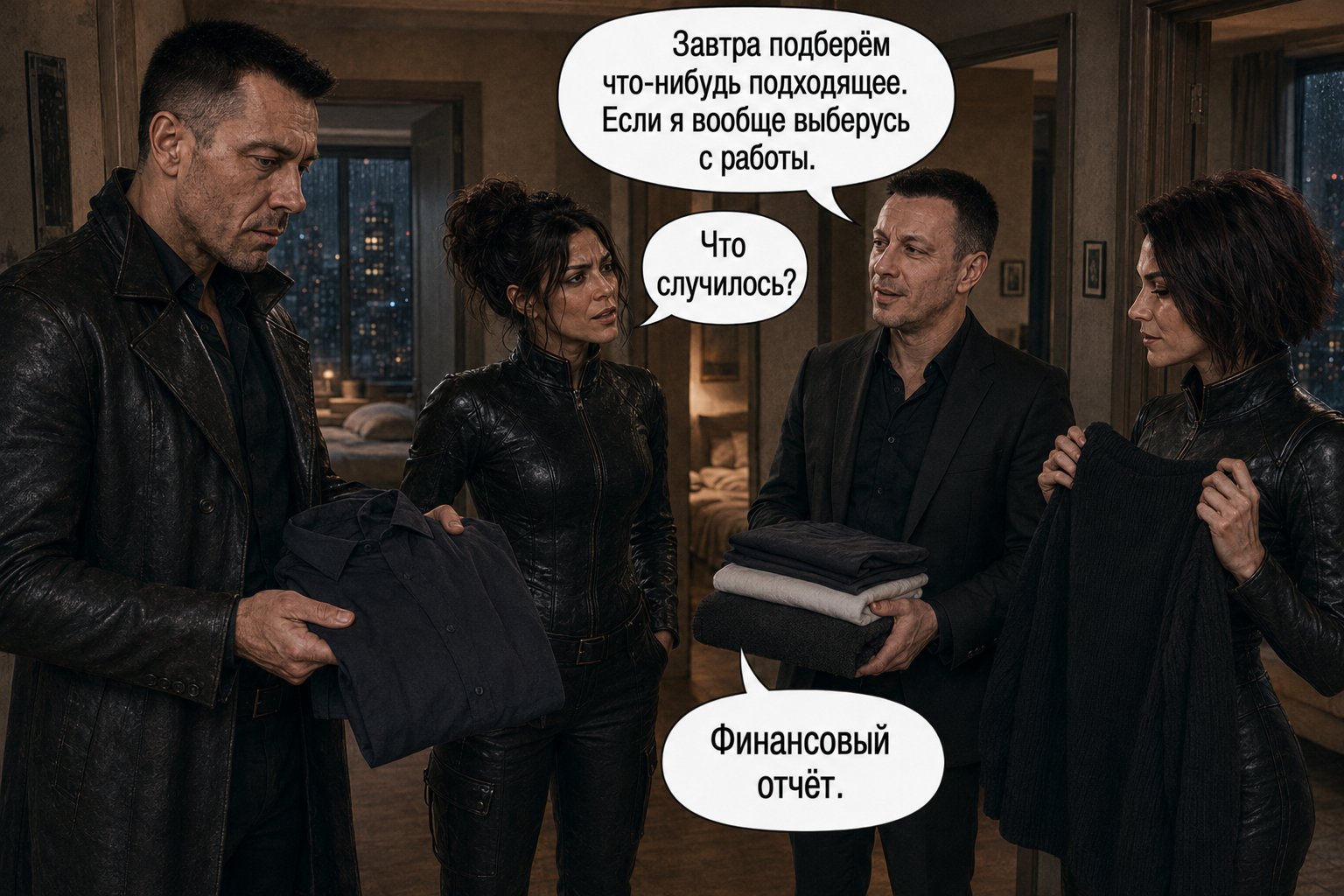Все четверо держат сложенную земную одежду, приготовленную хозяином дома — «Завтра подберём что-нибудь подходящее. Финансовый отчёт»