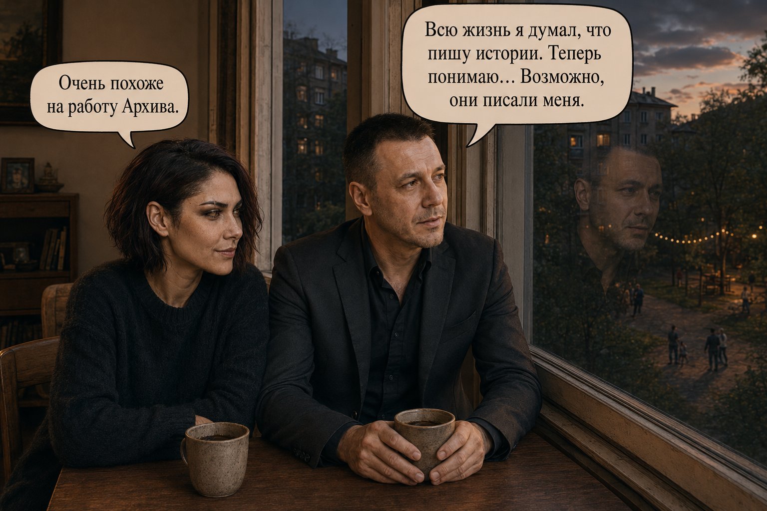 Лира и земной Артём сидят у окна с кофе на закате — «Всю жизнь я думал, что пишу истории. Теперь понимаю: возможно, они писали меня» «Очень похоже на работу Архива»
