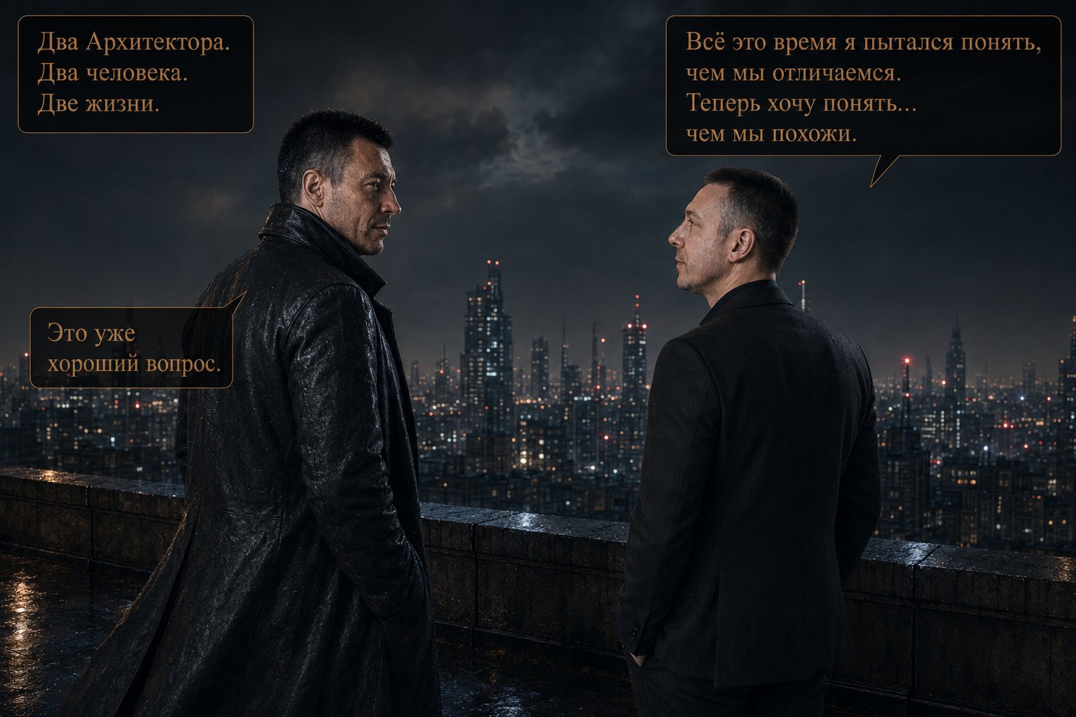 Архитектор и земной Артём стоят рядом на крыше, оба смотрят на ночной город — «Всё это время я пытался понять, чем мы отличаемся. Теперь хочу понять, чем мы похожи» «Это уже хороший вопрос»