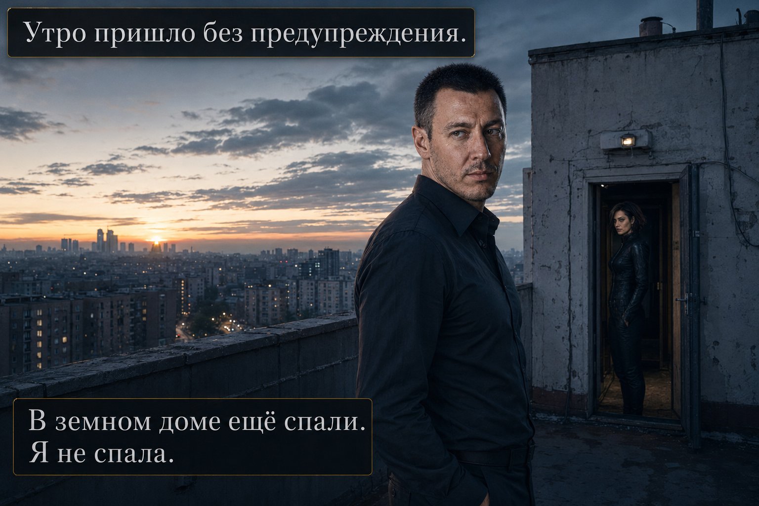 Архитектор стоит на краю крыши на рассвете, Лира в дверях позади него — «Утро пришло без предупреждения. В земном доме ещё спали. Я не спала»
