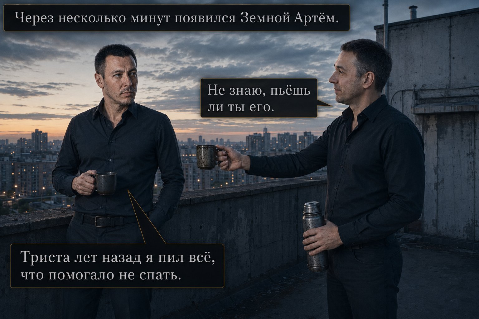 Земной Артём протягивает Архитектору кружку кофе на крыше на рассвете — «Не знаю, пьёшь ли ты его» «Триста лет назад я пил всё, что помогало не спать»