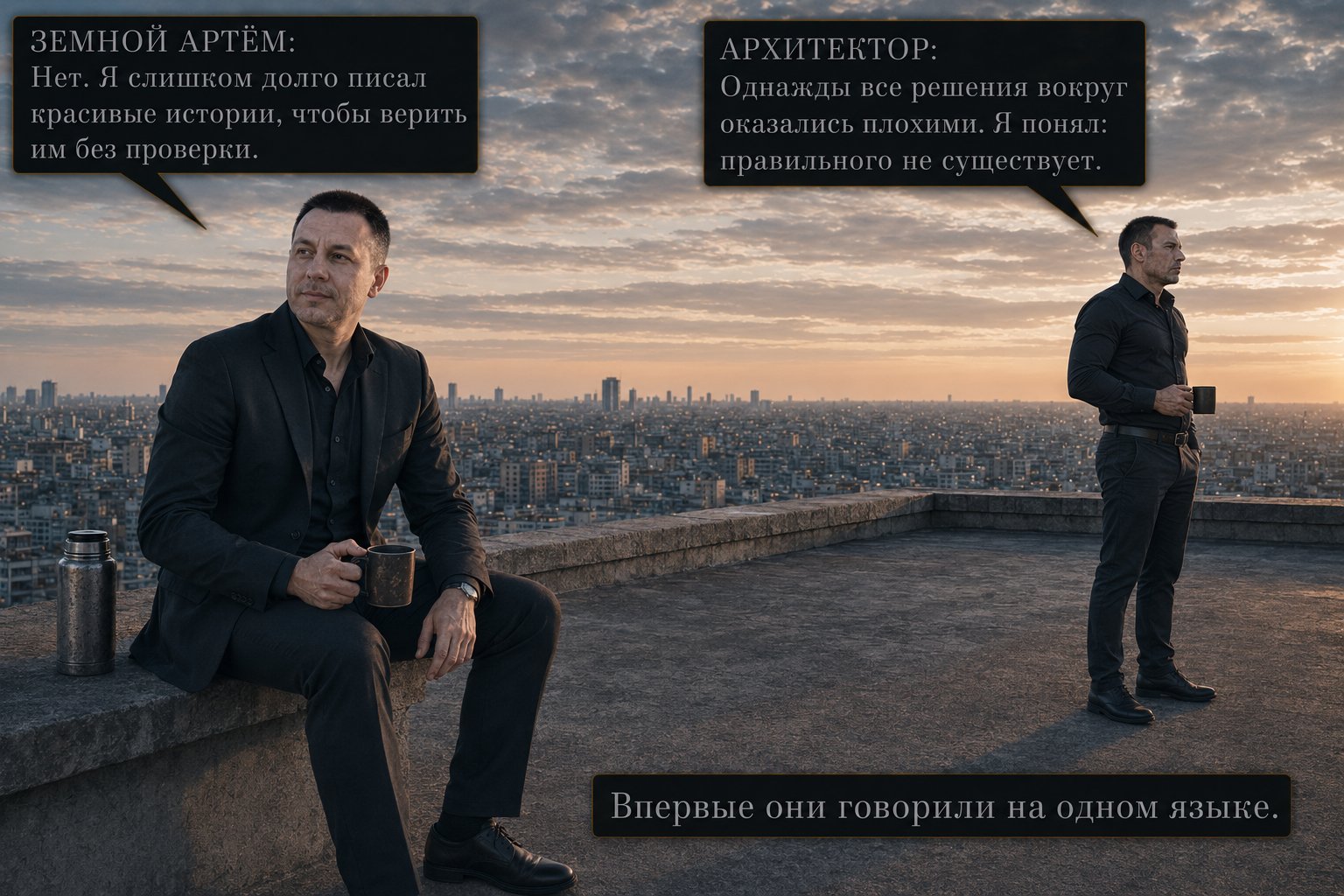 Земной Артём сидит на парапете, Архитектор стоит вдалеке спиной к рассвету — «Однажды все решения вокруг оказались плохими. Я понял, что правильного не существует» «Впервые они говорили на одном языке»