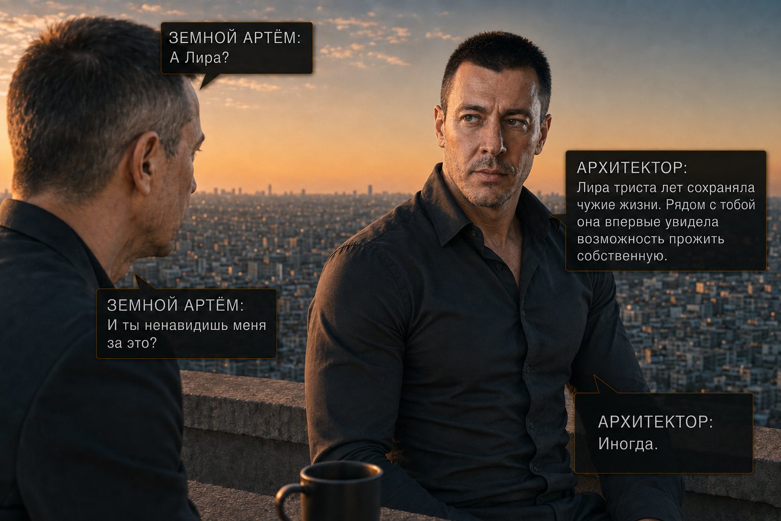 Архитектор и земной Артём сидят рядом на ступенях крыши — «А Лира?» «Она триста лет сохраняла чужие жизни. Рядом с тобой она впервые увидела возможность прожить собственную» «И ты ненавидишь меня за это?» «Иногда»