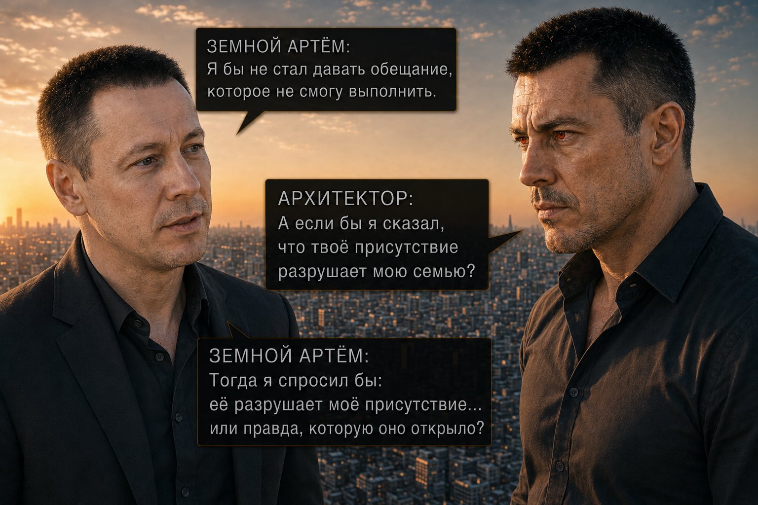 Глаза Архитектора вспыхивают красным, пока земной Артём говорит — «Действительно ли моё присутствие разрушает вашу семью, или оно просто сделало прежнюю инерцию невозможной?»