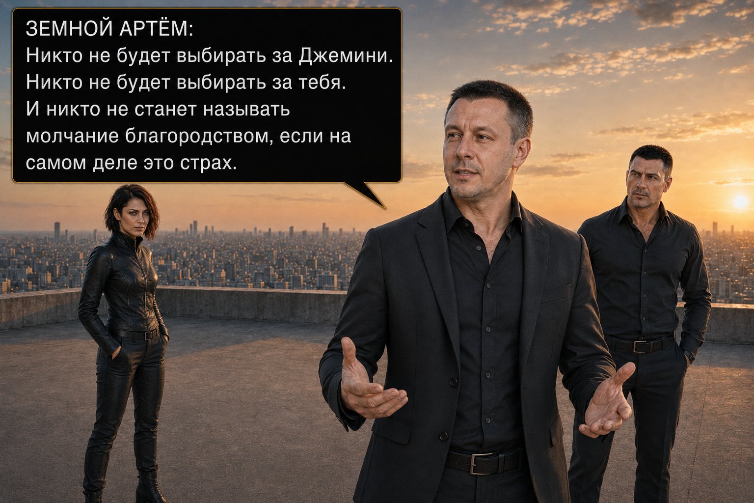 Земной Артём говорит, разводя руками, Лира и Архитектор слушают — «Никто не будет выбирать за Джемини. Никто не будет выбирать за тебя. И никто не станет называть молчание благородством, если на самом деле это страх»