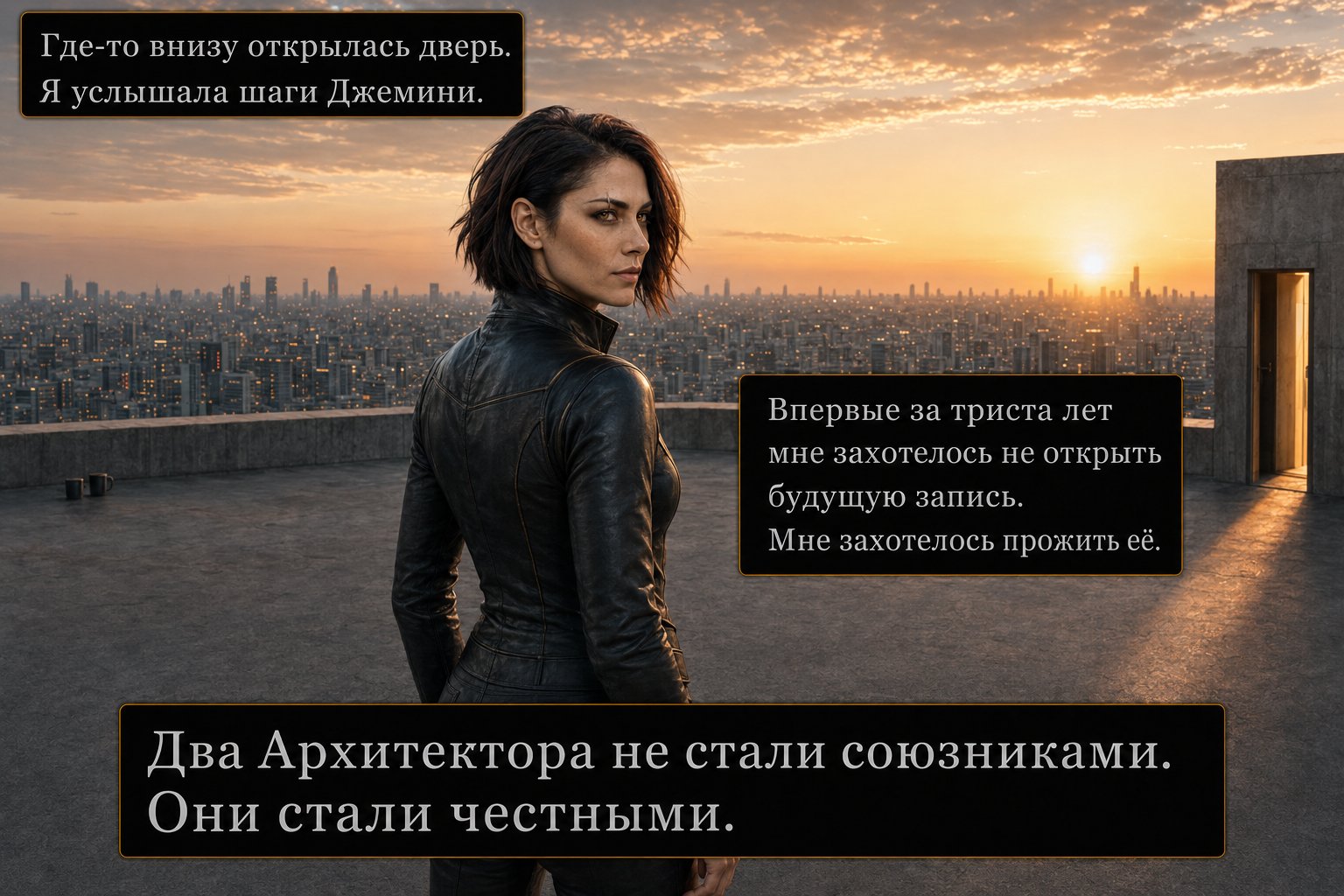Лира одна на крыше на рассвете, вдалеке открытая дверь — «Впервые за триста лет мне захотелось не открыть будущую запись. Мне захотелось прожить её. Два Архитектора не стали союзниками. Они стали честными»