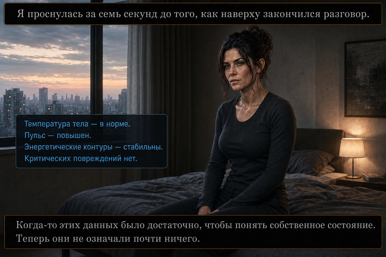 Джемини сидит на кровати в земной спальне на рассвете — «Я проснулась за семь секунд до того, как наверху закончился разговор»