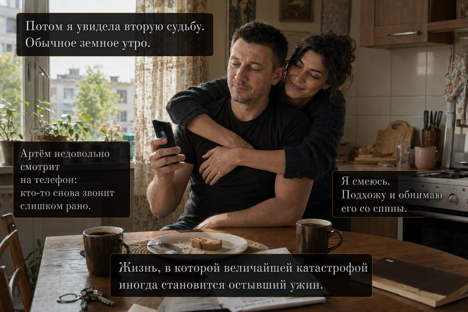 Видение второй судьбы: обычное земное утро на кухне, Джемини обнимает Артёма со спины, пока он смотрит на звонящий телефон — «Жизнь, в которой величайшей катастрофой иногда становится остывший ужин»