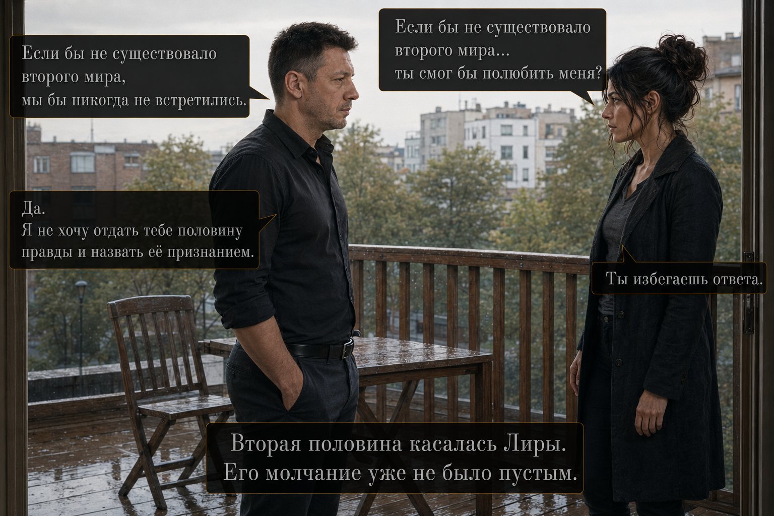 Артём и Джемини на террасе под дождём — «Если бы не существовало второго мира, ты смог бы полюбить меня?» «Я не хочу отдать тебе половину правды и назвать её признанием»