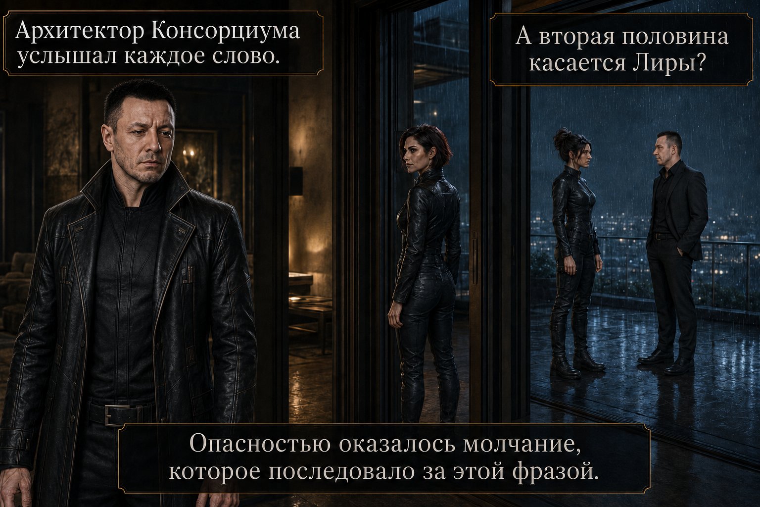 Архитектор в дальней комнате слышит слова Артёма и Джемини на террасе — «Архитектор Консорциума услышал каждое слово. Опасностью оказалась фраза: А вторая половина касается Лиры?»