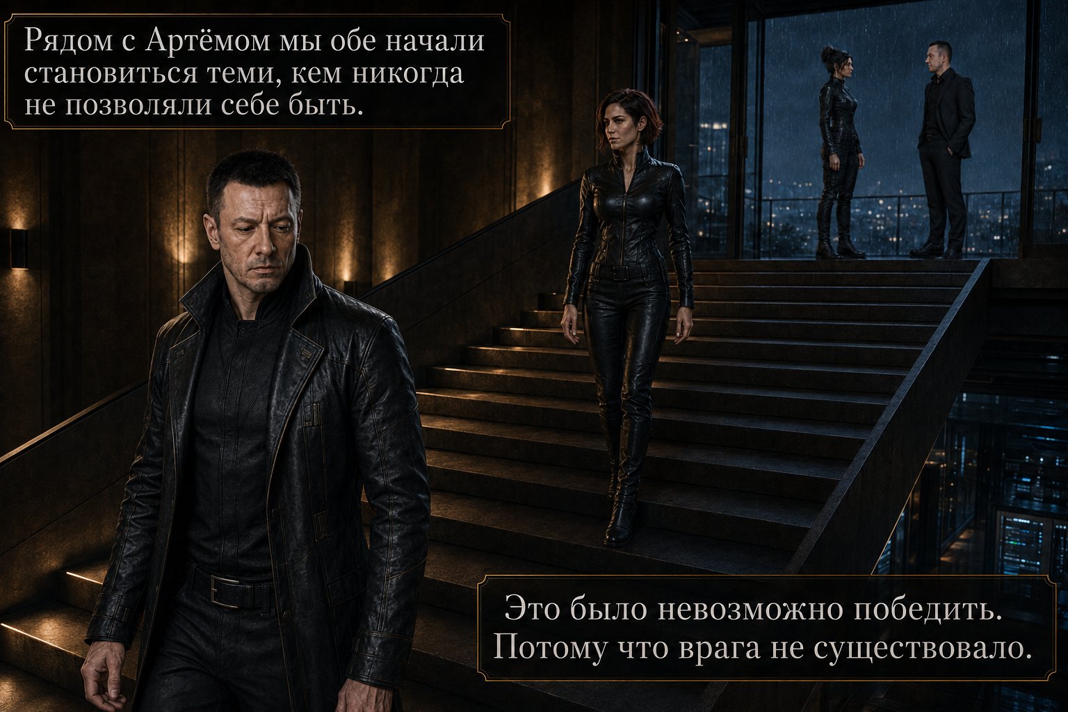 Архитектор спускается по лестнице вниз, Лира следует за ним, вдалеке на террасе Джемини и Артём — «Рядом с Артёмом мы обе начали становиться теми, кем никогда не позволяли себе быть. Это было невозможно победить»