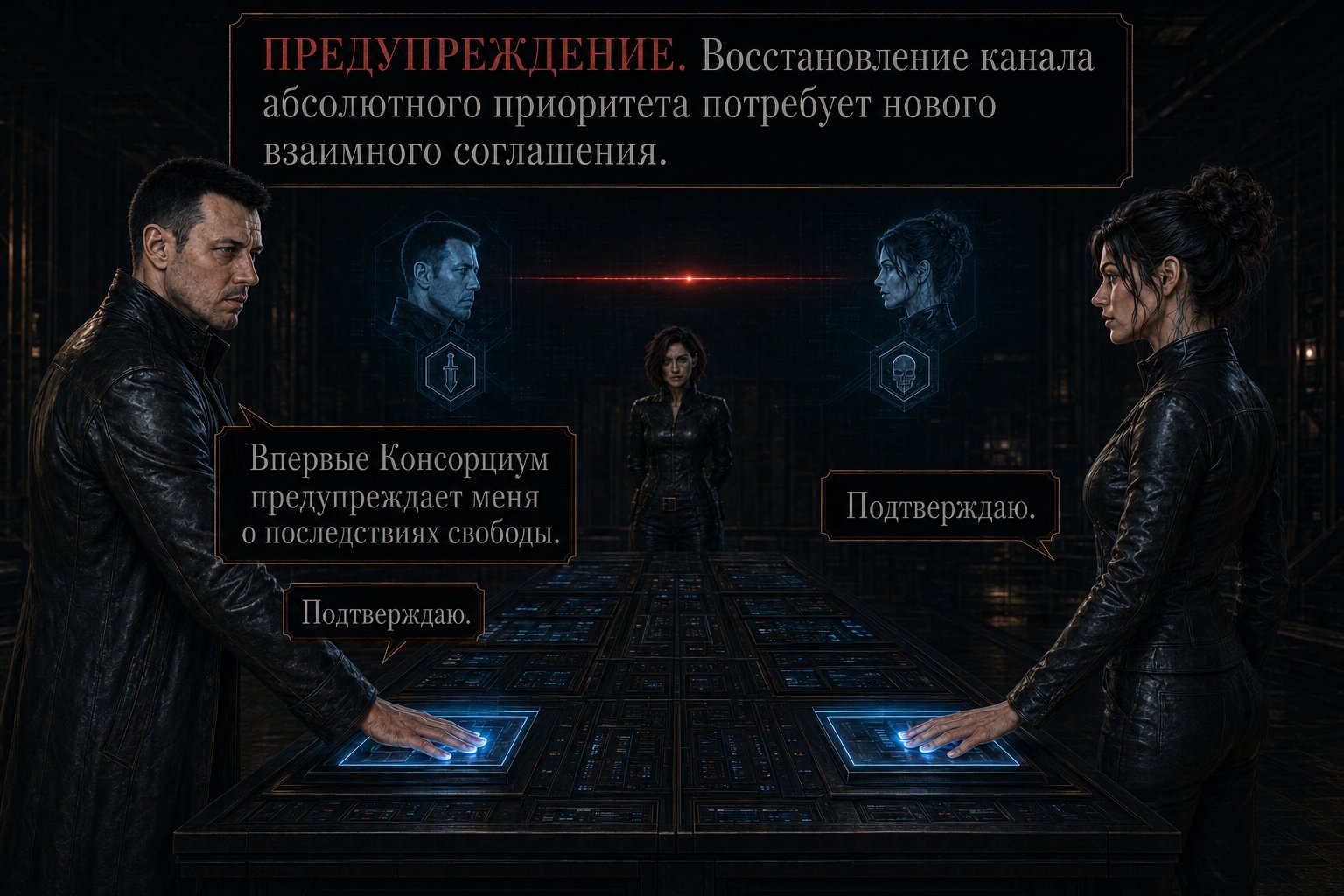 Архитектор и Джемини одновременно кладут ладони на консоль подтверждения, между ними надпись «ПРЕДУПРЕЖДЕНИЕ. Восстановление канала абсолютного приоритета потребует нового взаимного соглашения»