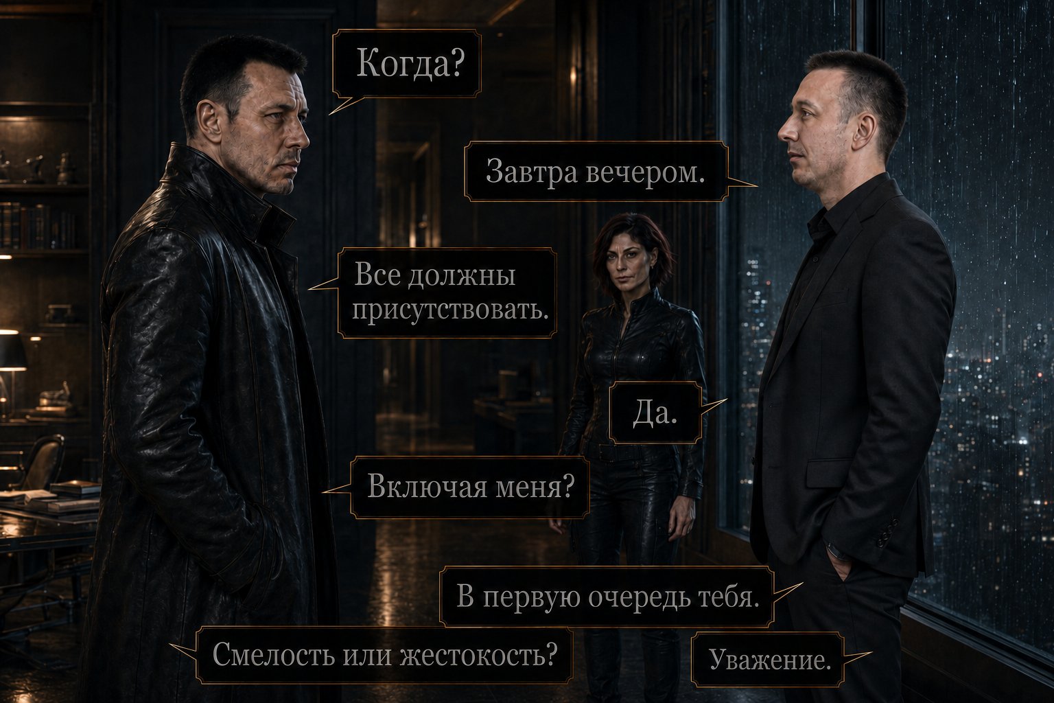Архитектор и Артём стоят друг напротив друга, Лира между ними на заднем плане — «Когда?» «Завтра вечером. Все должны присутствовать» «Включая меня?» «В первую очередь тебя» «Смелость или жестокость?» «Уважение»