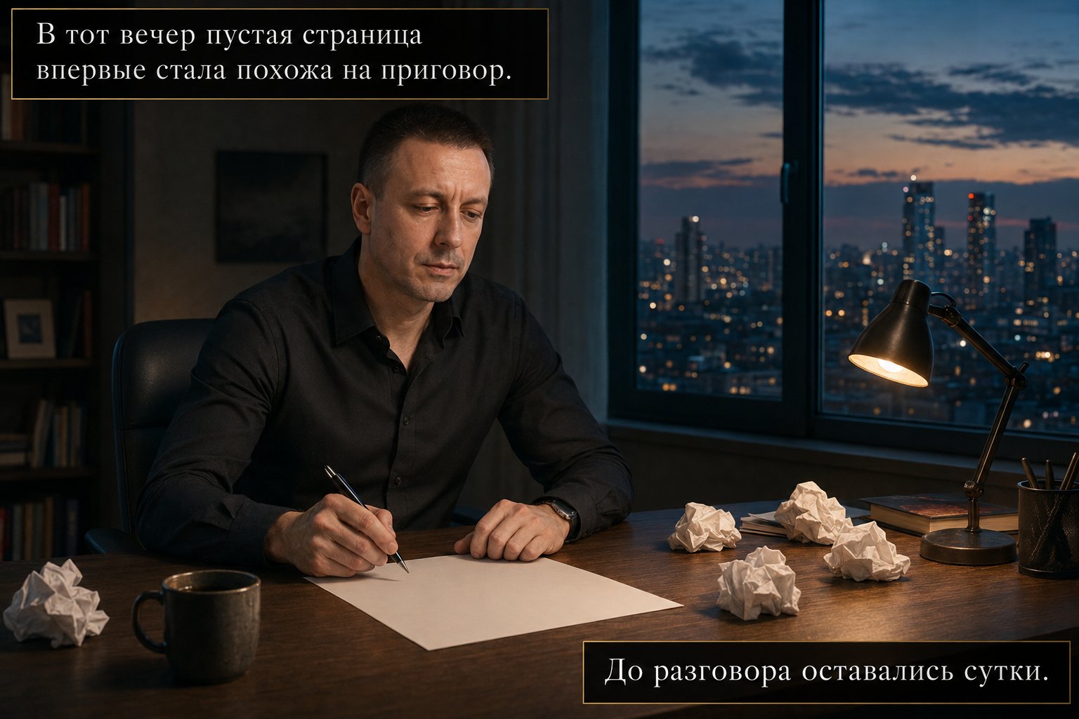 Артём сидит за столом с чистым листом и ручкой в кабинете земного дома поздно вечером, вокруг скомканные листы бумаги — «В тот вечер пустая страница впервые стала похожа на приговор»
