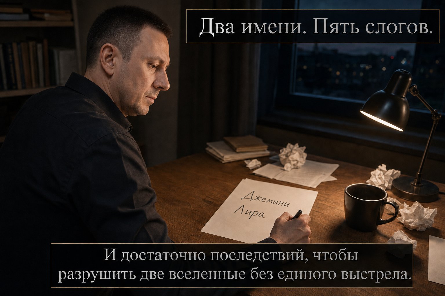 Крупный план листа бумаги с написанными от руки именами «Джемини» и «Лира» — «Два имени. Пять слогов. И достаточно последствий, чтобы разрушить две вселенные без единого выстрела»